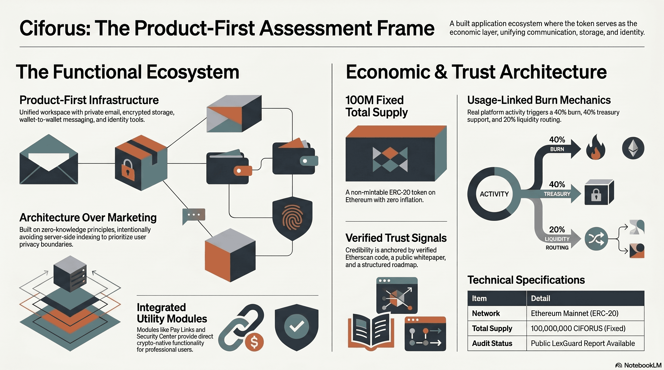Ciforus product-first assessment framework infographic showing the functional ecosystem, economic and trust architecture, fixed supply, usage-linked burn mechanics, verified trust signals, and technical specifications.